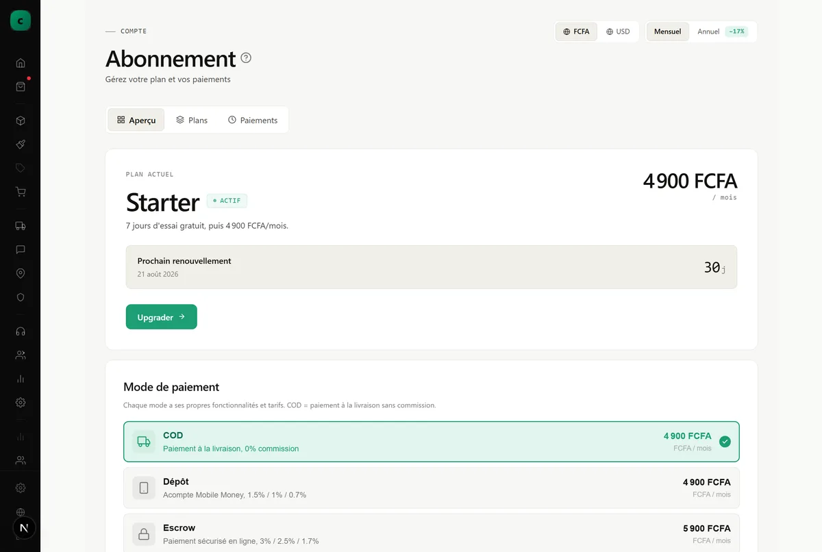 La page Abonnement, pour gérer son plan et ses paiements.