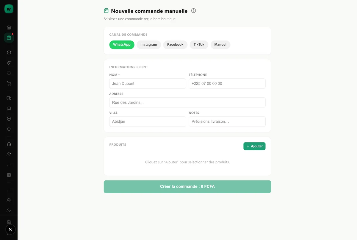 Le formulaire de saisie d’une commande reçue hors boutique.