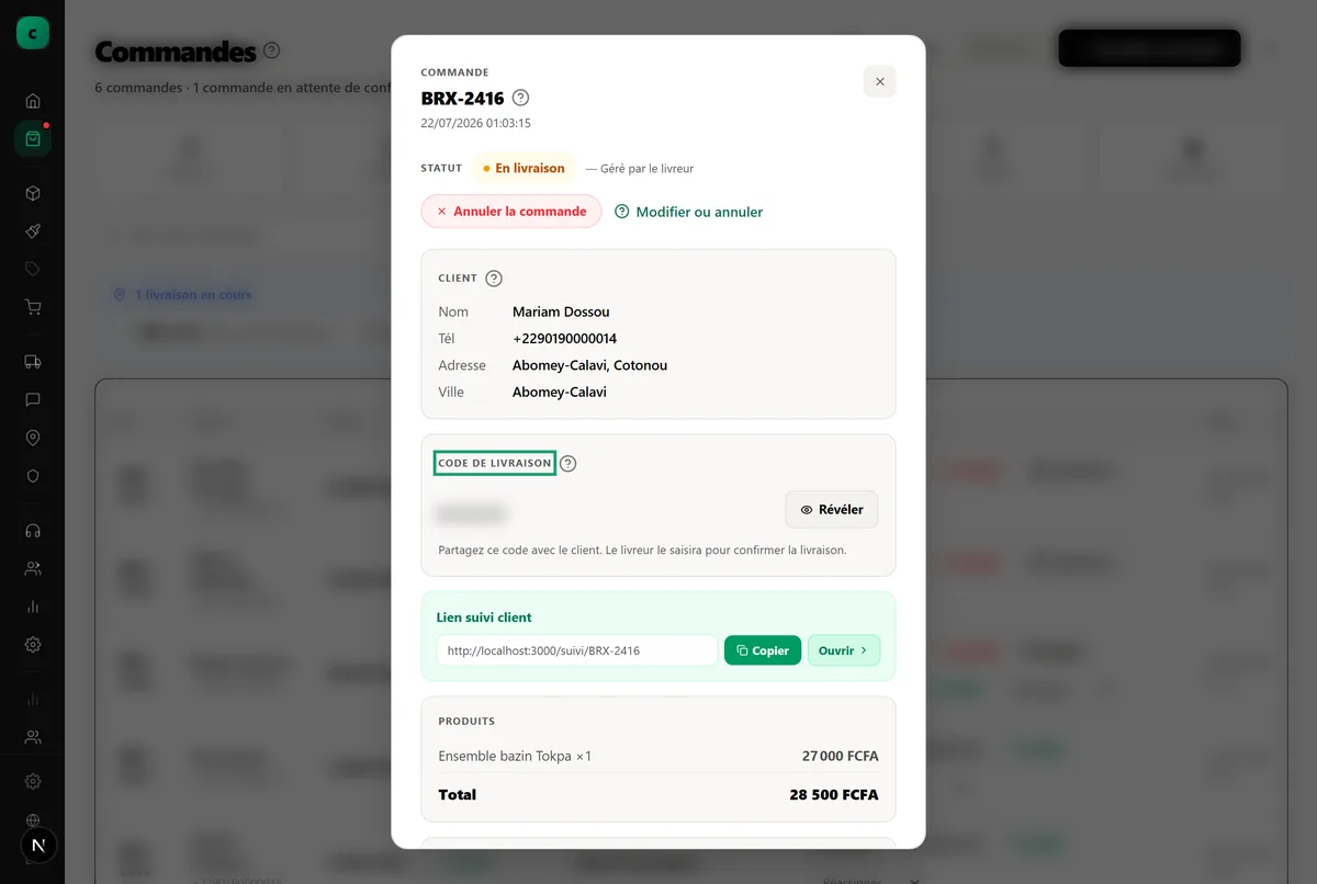 Le code de livraison d’une commande, à communiquer au client pour confirmer la remise.