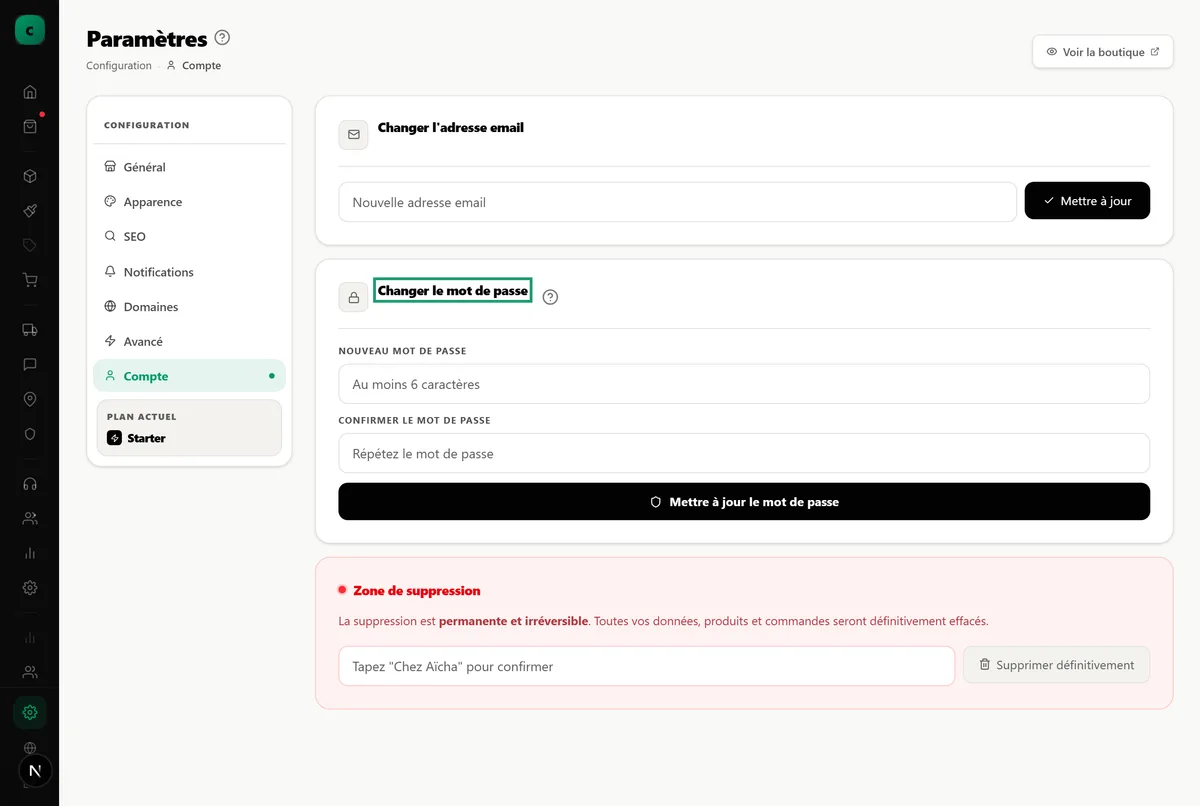 La section sécurité du compte, pour changer son mot de passe.