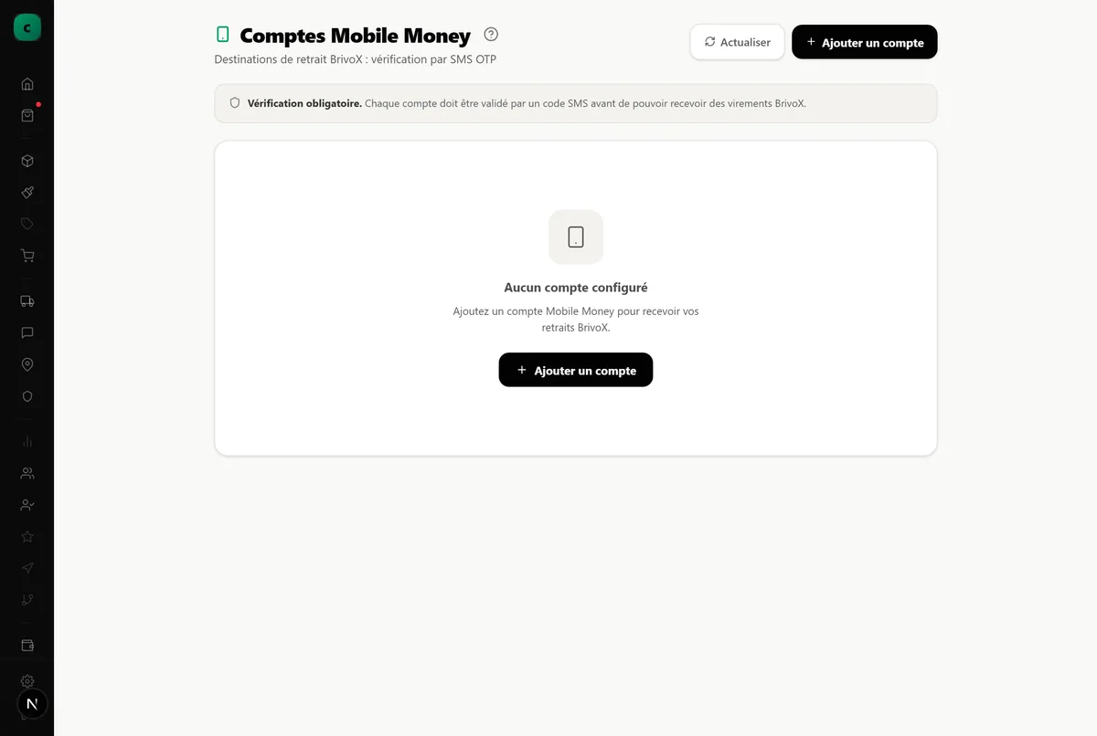 La page des comptes Mobile Money, invitant à ajouter un premier compte de versement.