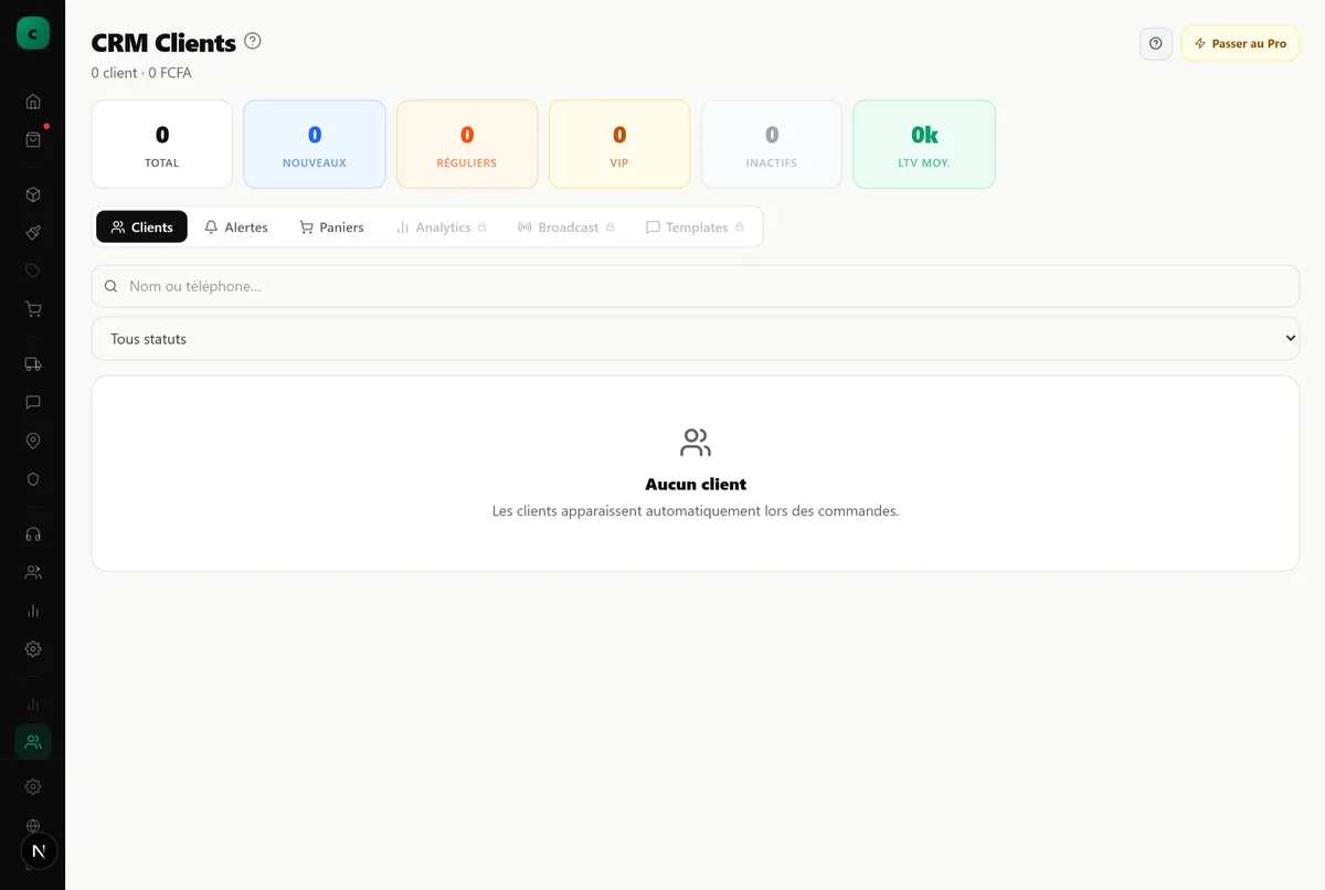 La page CRM, avec la liste des clients de la boutique et leur historique.