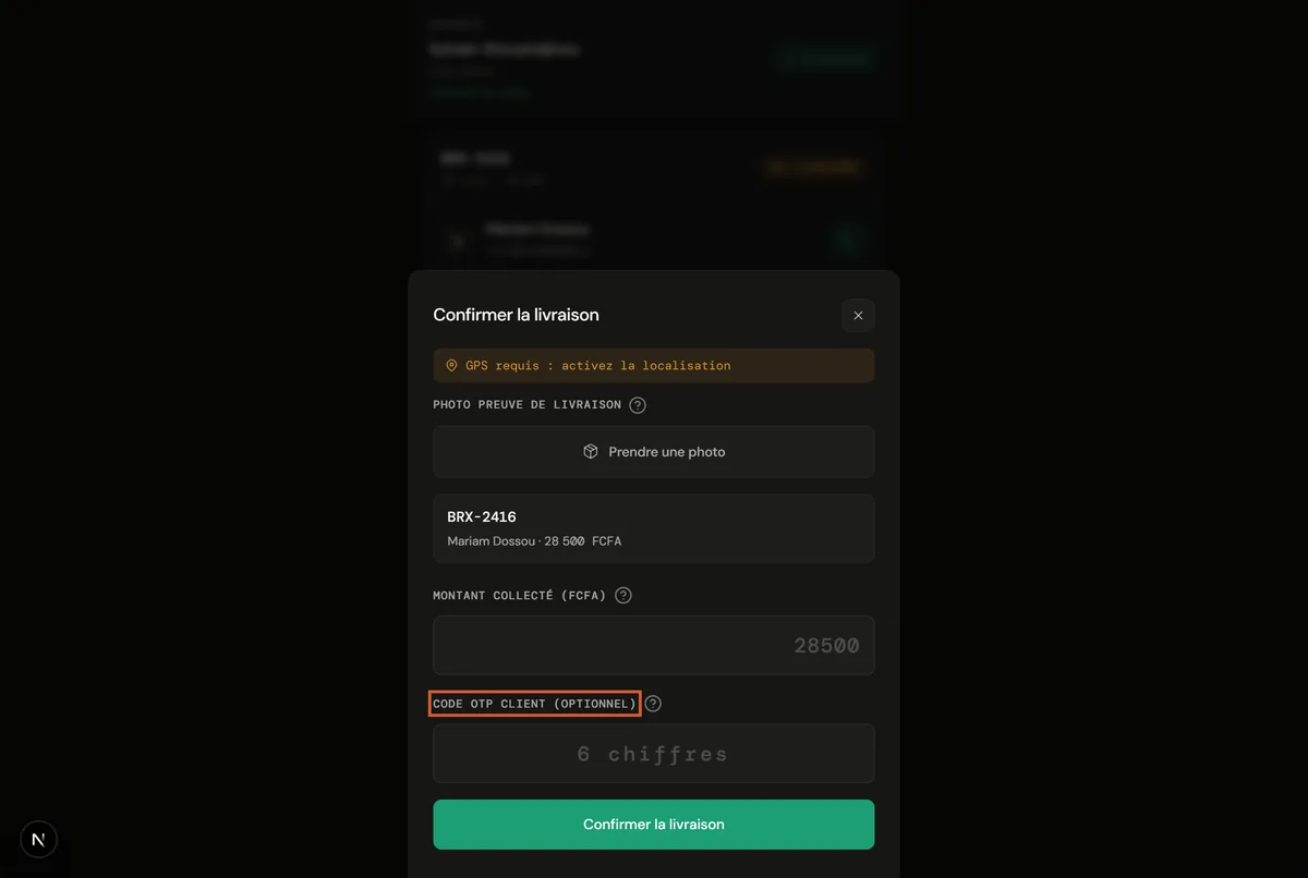 Le champ du code de confirmation client, saisi par le livreur pour valider la remise.