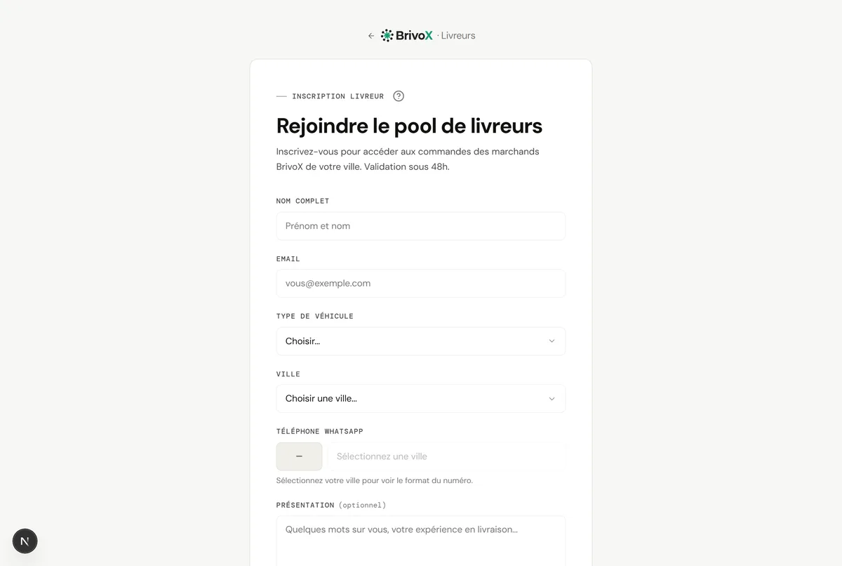 Le formulaire d’inscription au réseau de livreurs BrivoX.