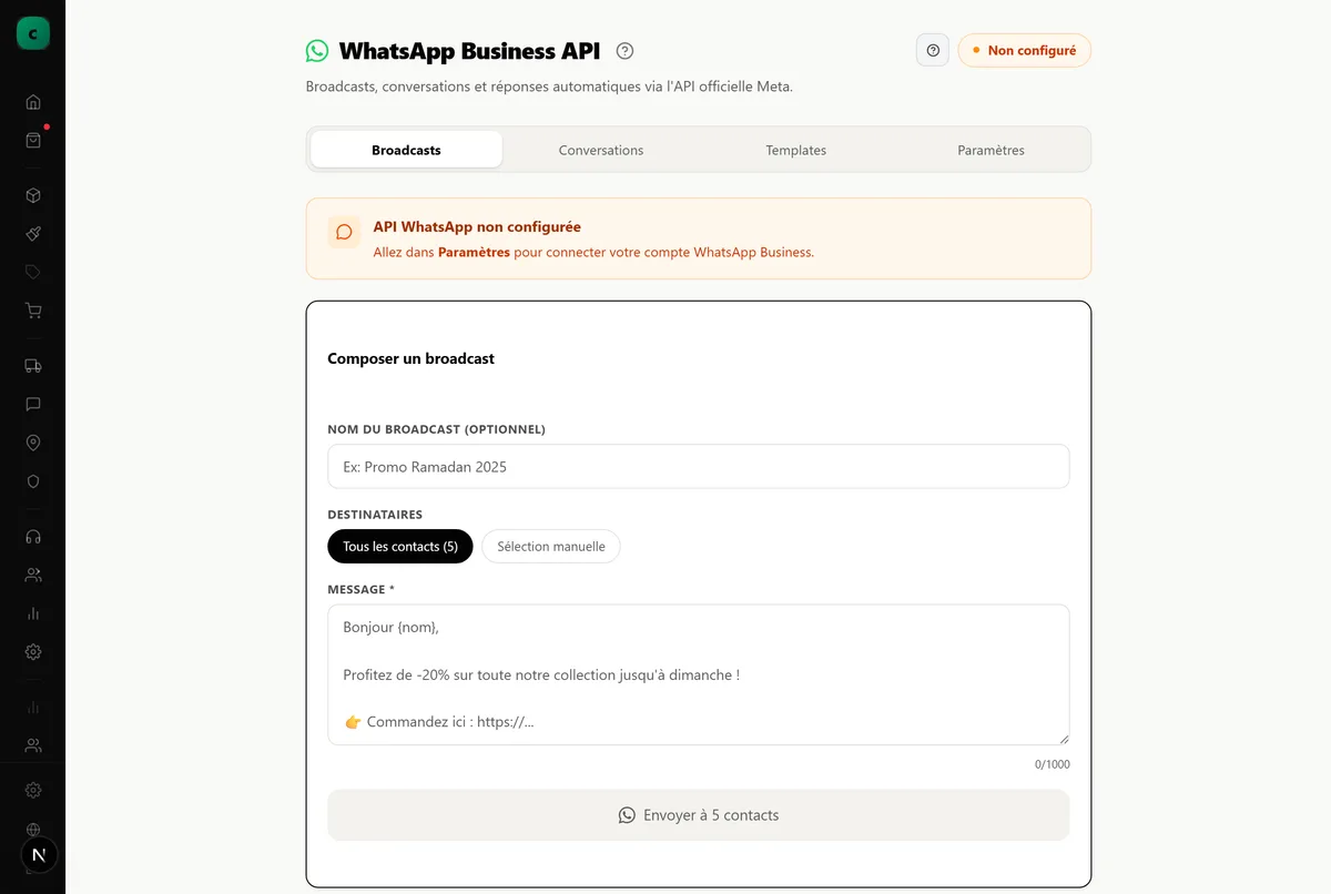 La page WhatsApp Business, pour les messages automatiques envoyés aux clients.