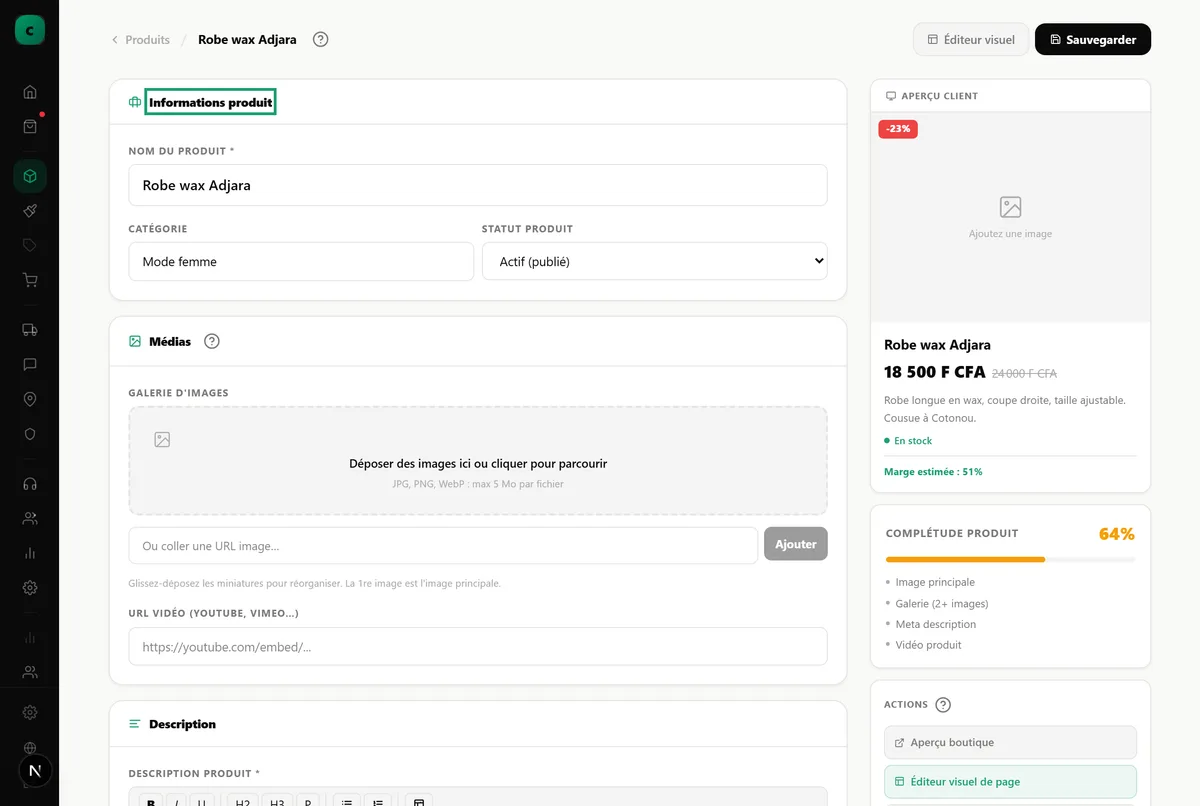 La section Informations produit d’une fiche, où se saisissent le nom, la catégorie et le statut.