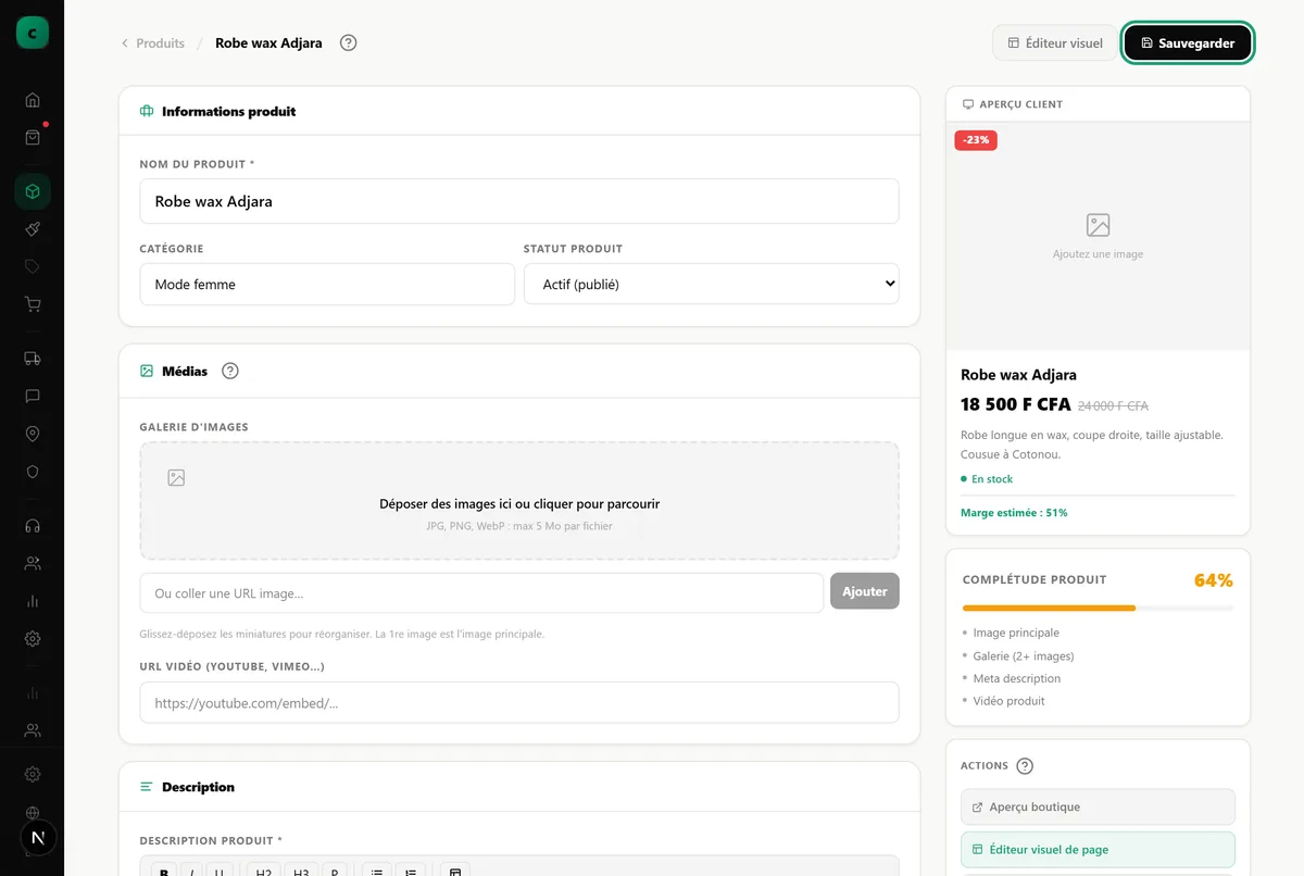 L’en-tête d’une fiche produit, avec le bouton d’enregistrement des modifications.