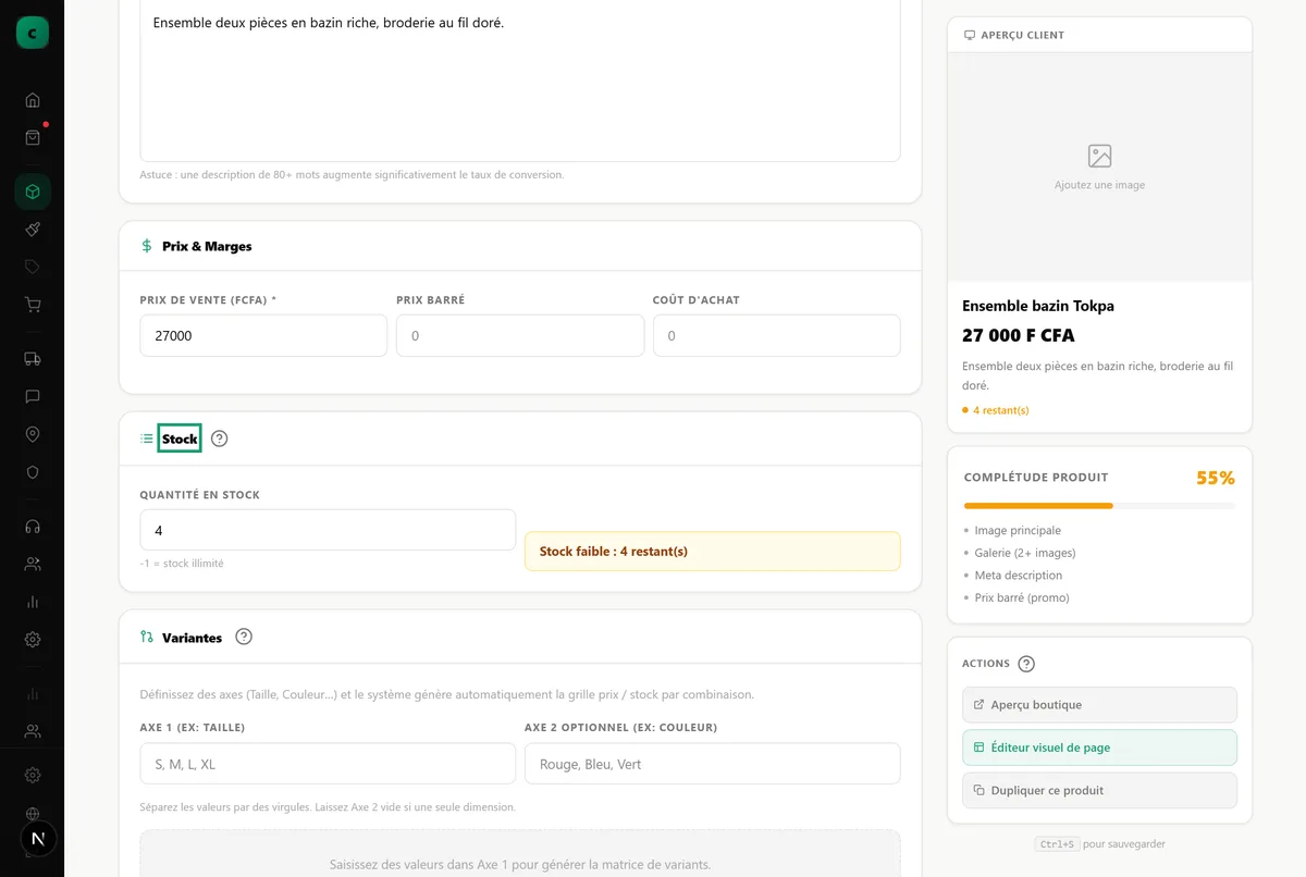 La section Stock d’une fiche produit, affichant l’alerte de stock faible à quatre unités.