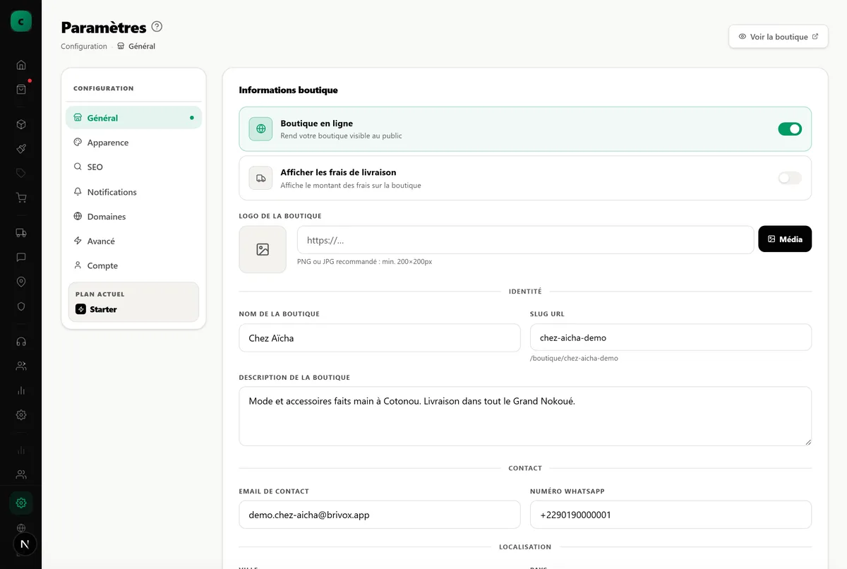 La page Paramètres, où se règlent le profil et la configuration de la boutique.