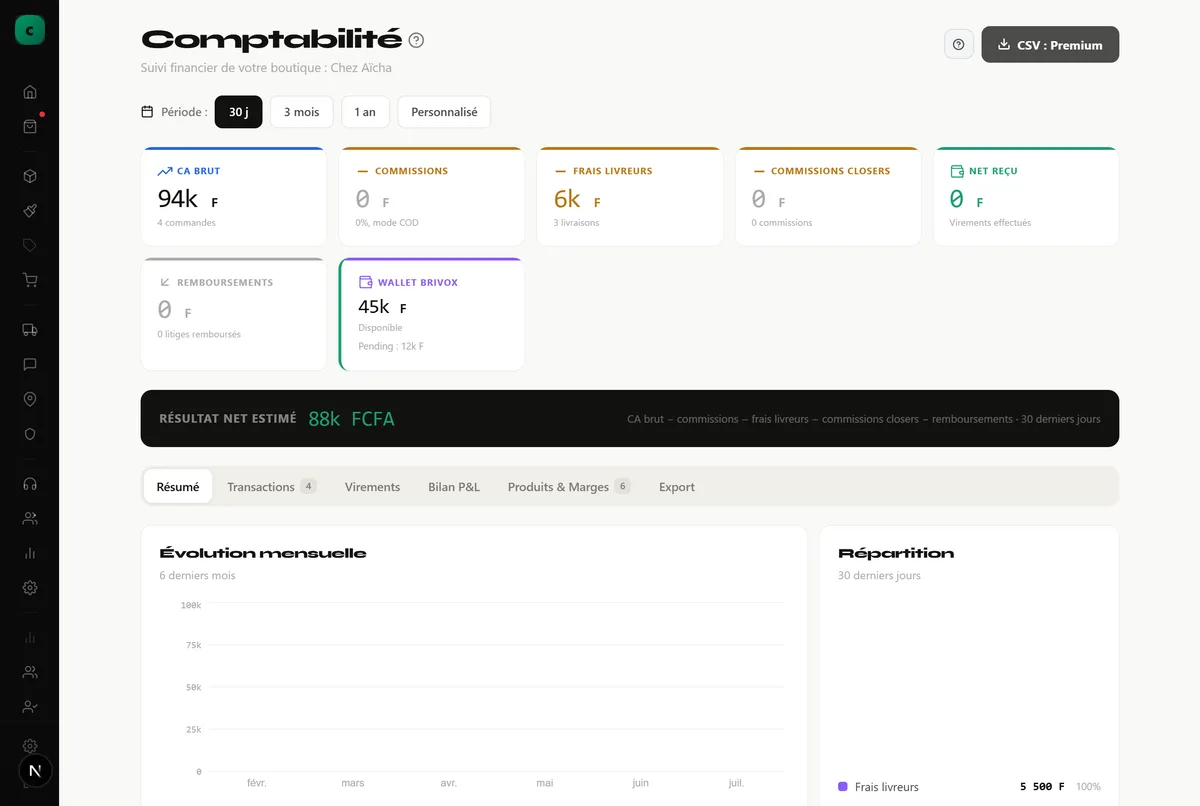 La page de comptabilité, pour le suivi financier et le rapprochement des versements.