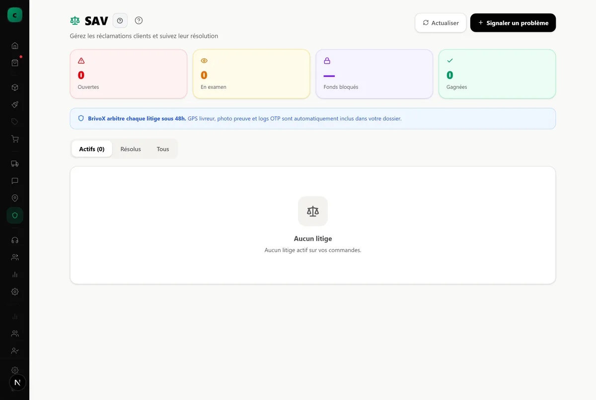 La page de gestion du service après-vente et des litiges.