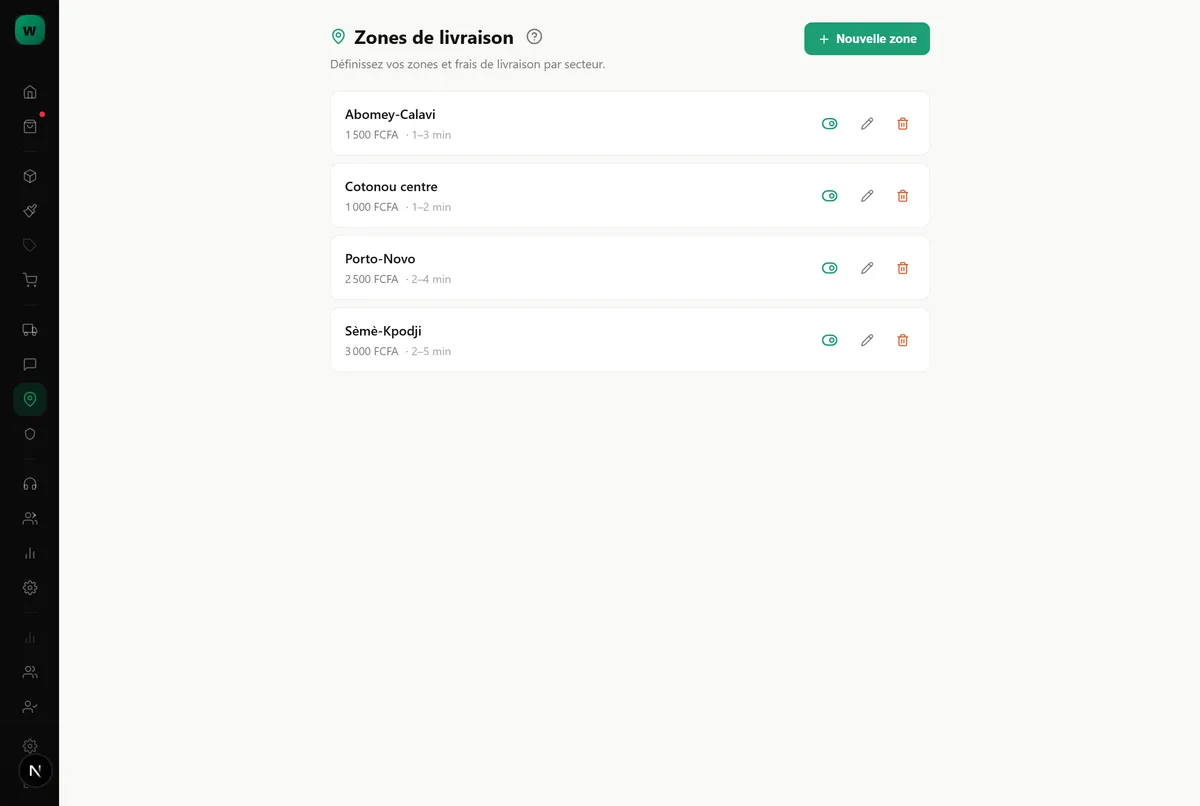 La page des zones de livraison, avec les tarifs et les délais par quartier.